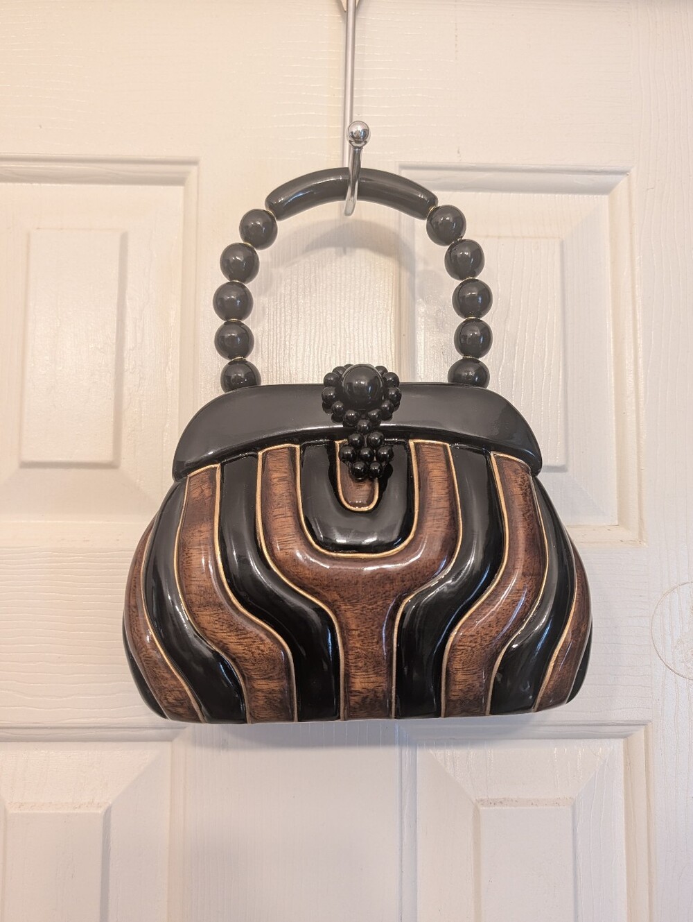 NWOT Vintage Handmade Wooden Purse Bluberi Black Natural Wood Stripe Philippines